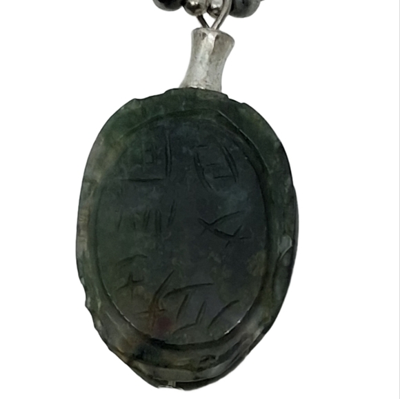 VTG Sterling Silver Carved Green Stone Scarab Pendant Necklace -Egyptian Revival - Picture 2 of 8